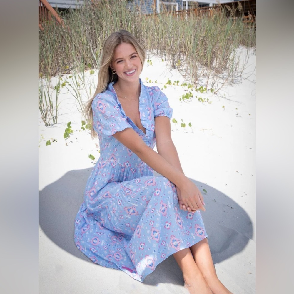 Simply Southern Women’s Dress‎ S Blue Pink Aztec Ruffle Cottagecore Boho Midi